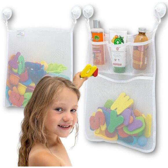 2 x Mesh Bath Toy Organizer + 8 Ultra Strong Hooks – The Perfect Bathtub Toy - Picture 1 of 7